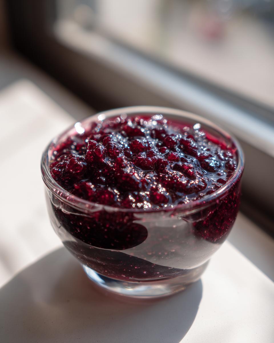 Close-up of glistening homemade blueberry jam in a clear glass bowl, catching the sunlight.