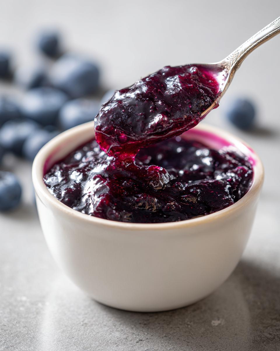 A spoonful of rich, homemade blueberry jam is lifted from a white bowl, with fresh blueberries scattered in the background.
