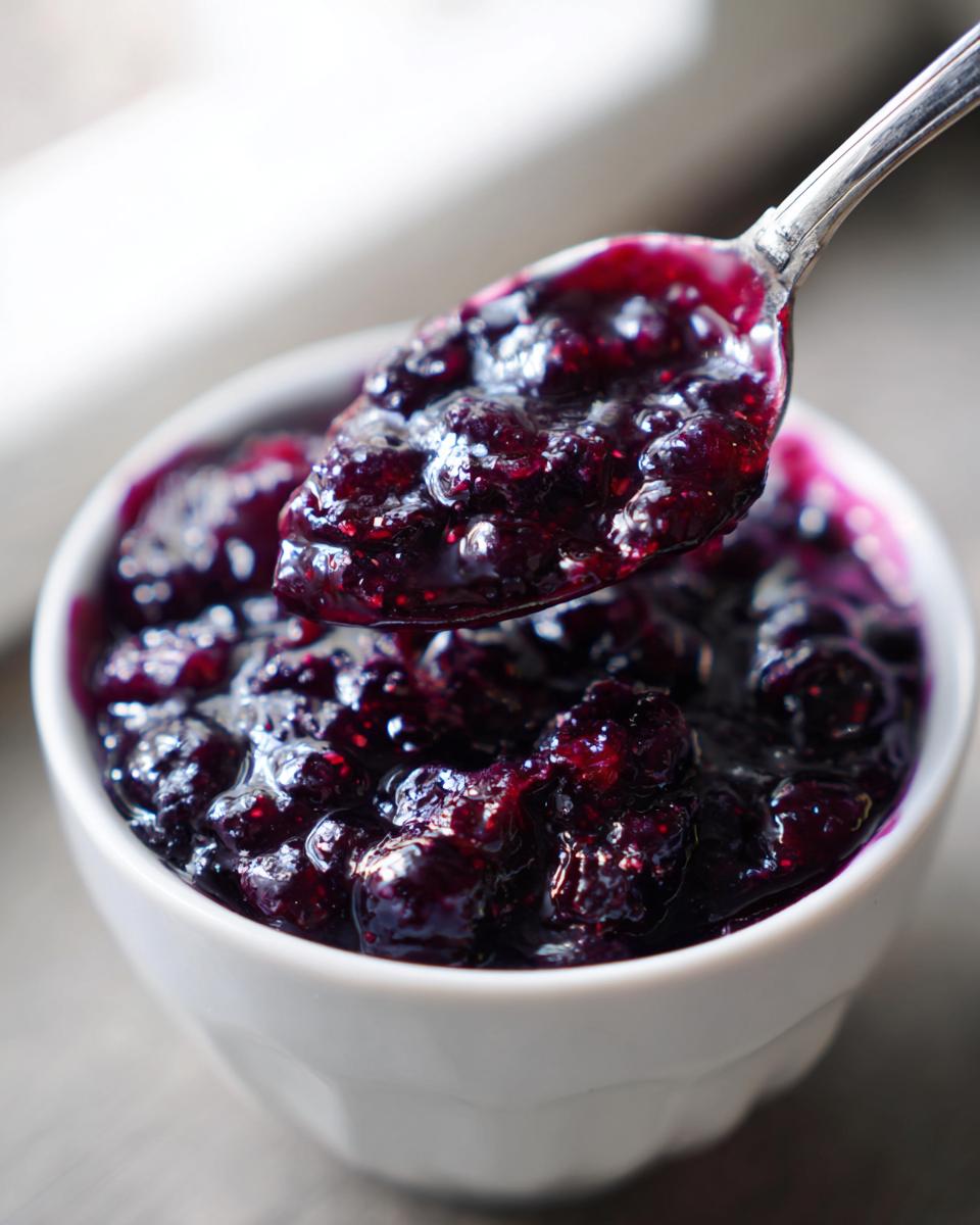 A spoonful of glistening homemade blueberry jam being lifted from a white bowl.