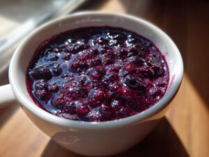 Close-up of glistening homemade blueberry jam in a white bowl, showing whole berries and thick syrup.