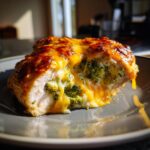 A close-up of a juicy broccoli cheese stuffed chicken breast, with melted cheddar cheese oozing out.