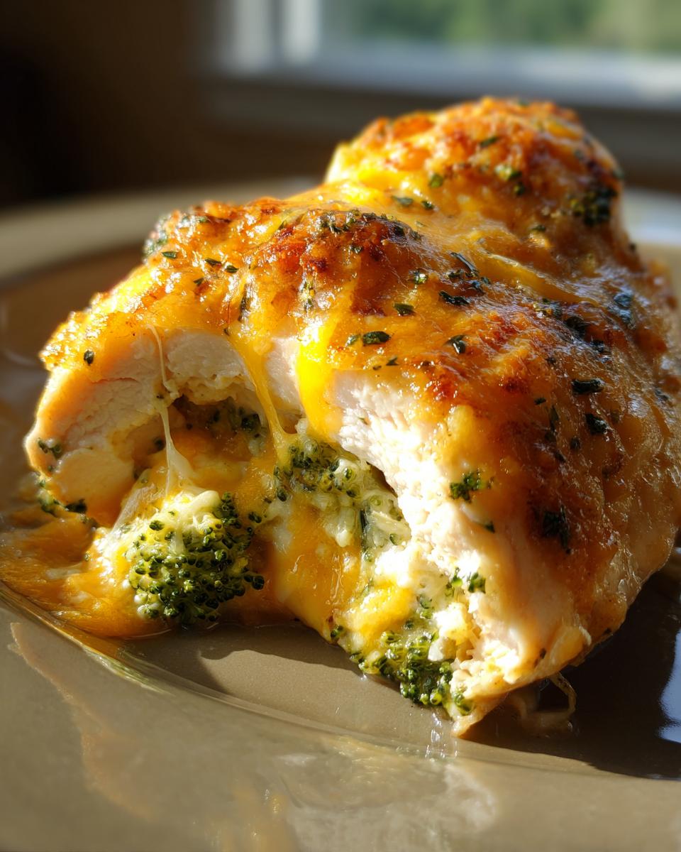 A close-up of a juicy broccoli cheese stuffed chicken breast, with melted cheese oozing out.