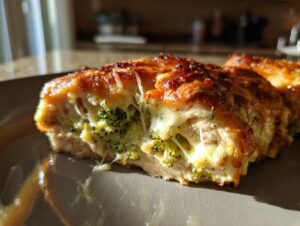 A mouthwatering close-up of broccoli cheese stuffed chicken, showcasing melted cheese and tender chicken.