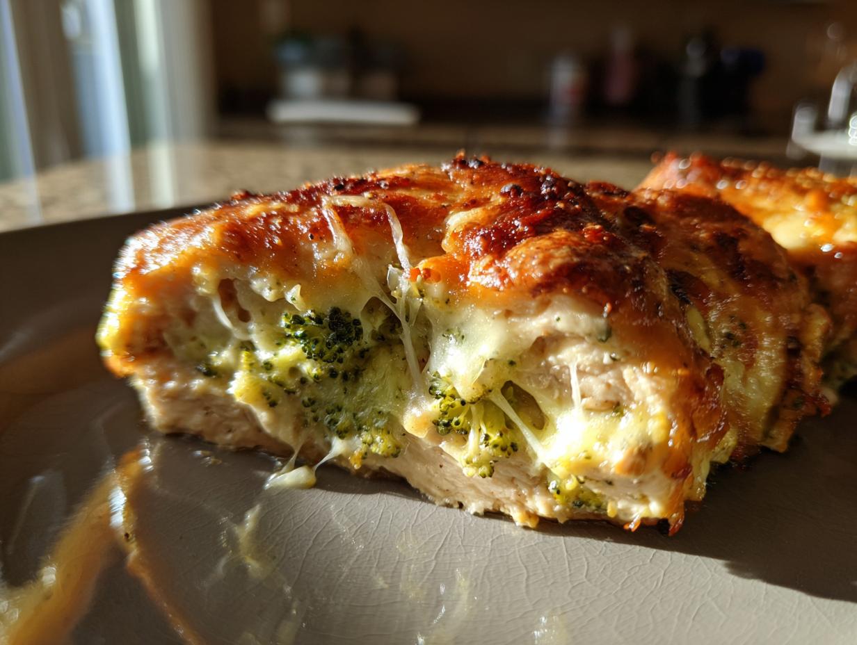 A mouthwatering close-up of broccoli cheese stuffed chicken, showcasing melted cheese and tender chicken.
