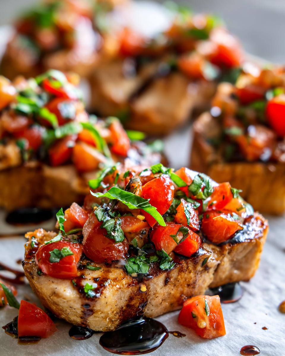 Close-up of a piece of Bruschetta Chicken topped with fresh tomatoes and basil, drizzled with balsamic glaze.
