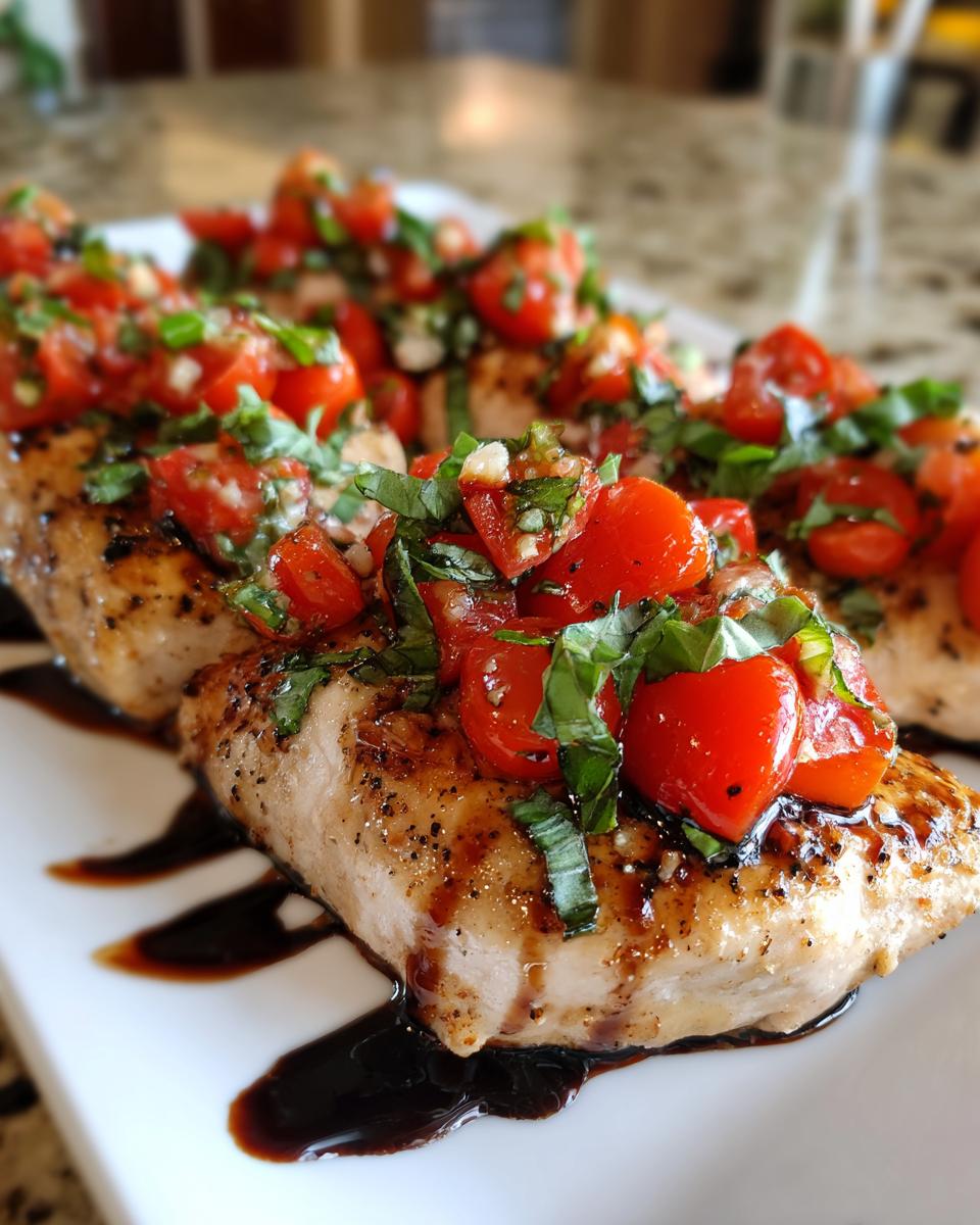 Close-up of juicy Bruschetta chicken fillets topped with fresh tomatoes and basil, drizzled with balsamic glaze.