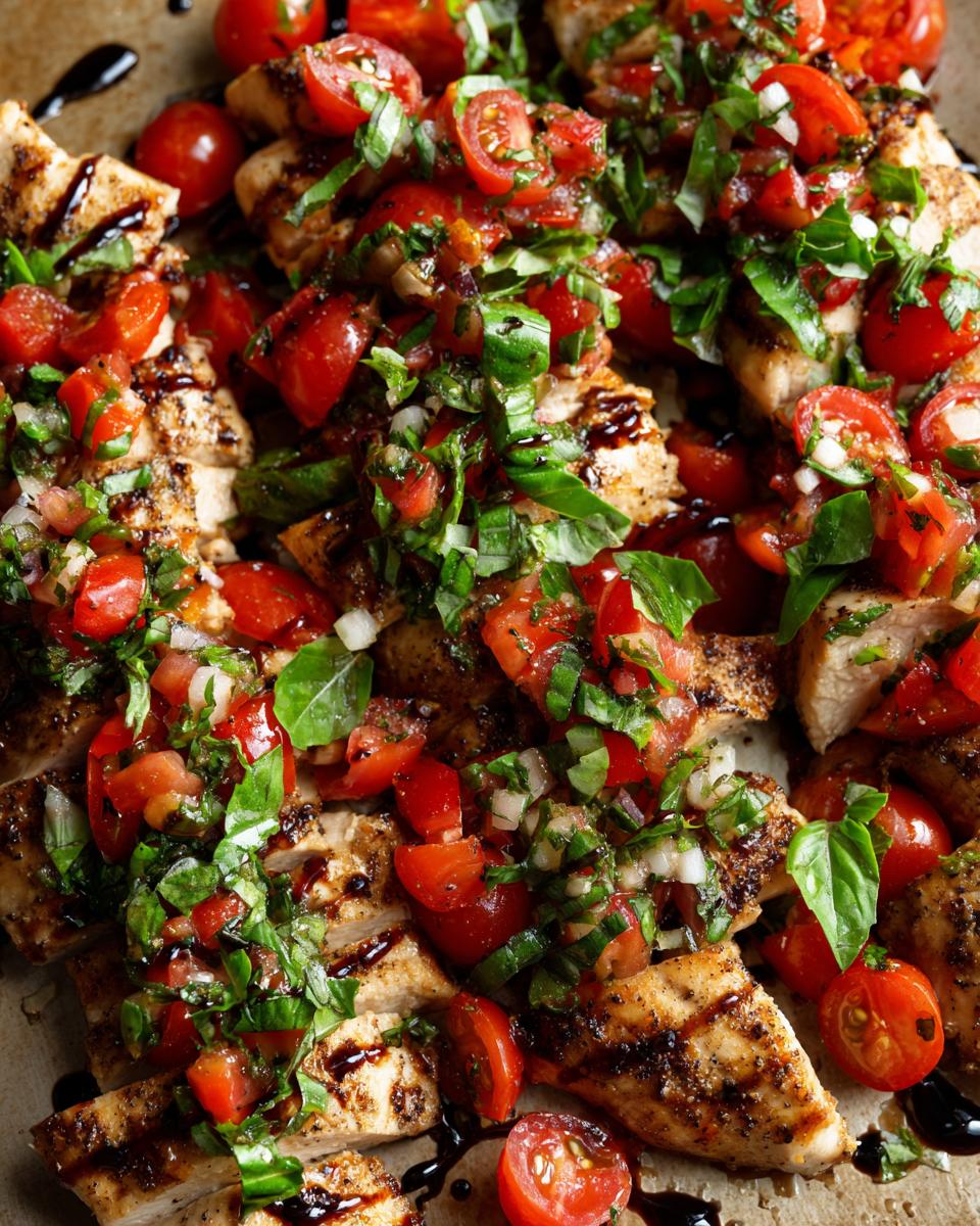 Close-up of grilled Bruschetta chicken topped with fresh diced tomatoes, basil, and a balsamic glaze.