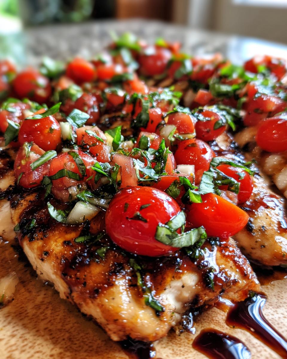 Close-up of grilled Bruschetta Chicken topped with fresh chopped tomatoes, basil, and a balsamic glaze.