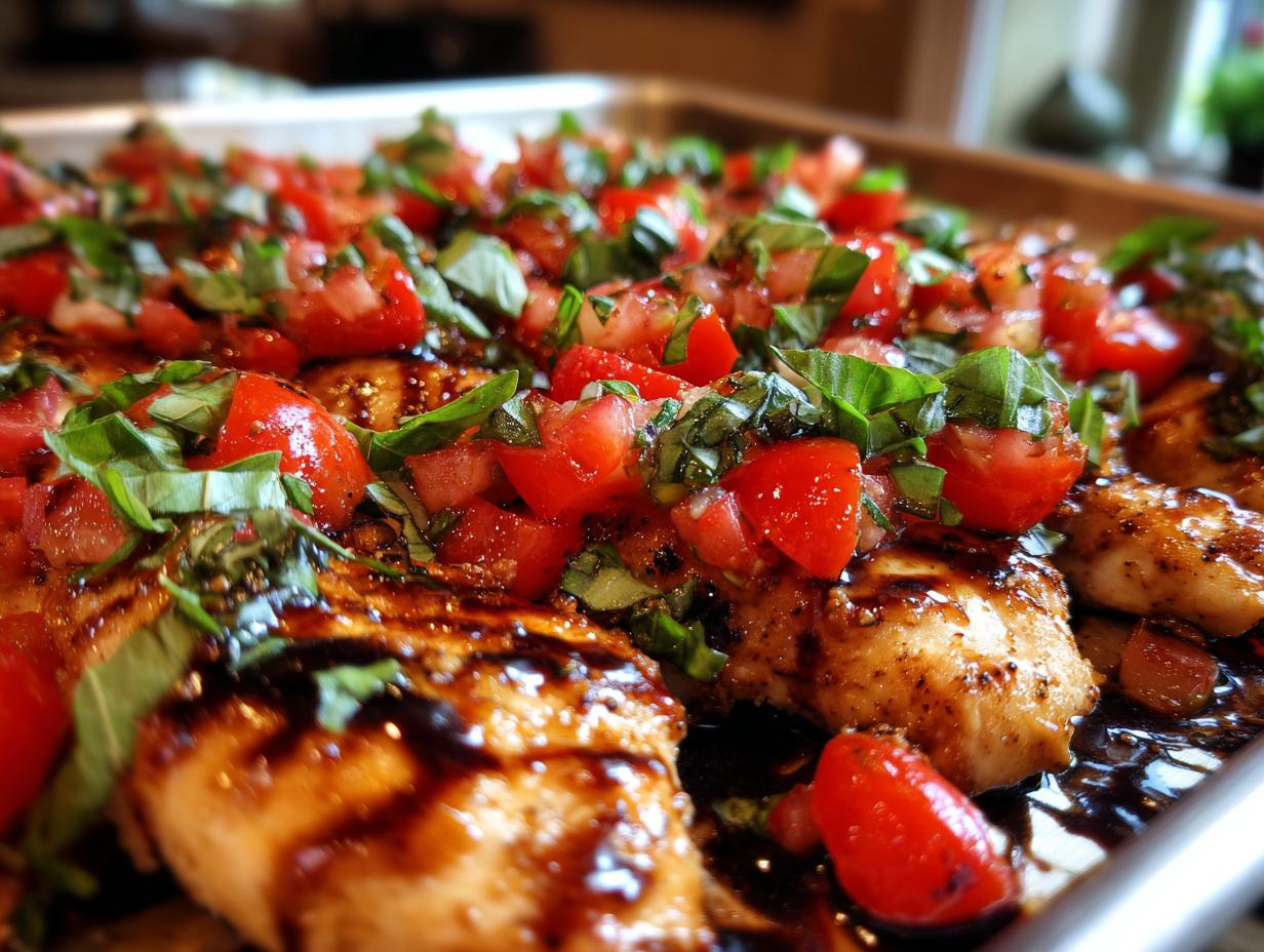 Close-up of juicy Bruschetta chicken topped with fresh diced tomatoes and basil, drizzled with balsamic glaze.