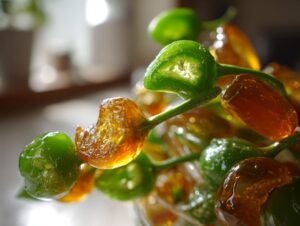 A close-up macro shot of fresh green and amber candied jalapenos glistening with syrup.
