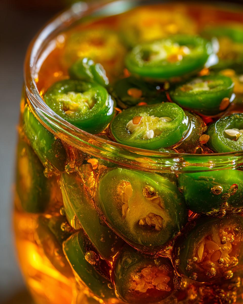A close-up, detailed view of sliced candied jalapenos submerged in a glistening amber syrup.