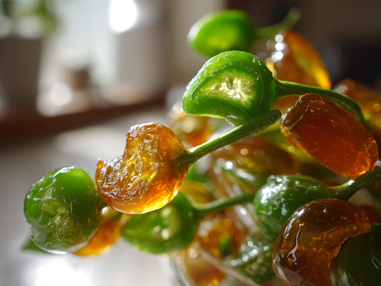 A close-up macro shot of fresh green and amber candied jalapenos glistening with syrup.