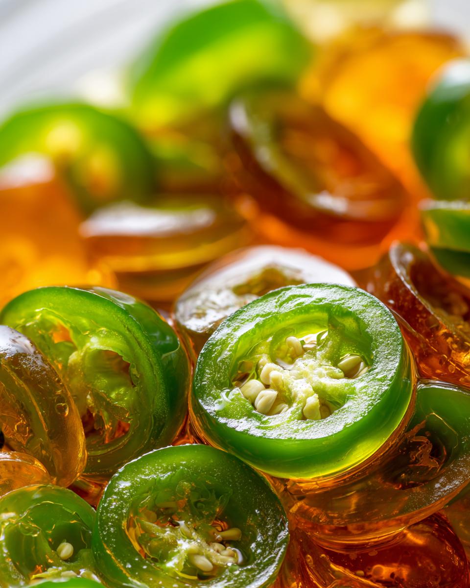 Close-up shot of bright green sliced candied jalapenos submerged in a glistening amber syrup.