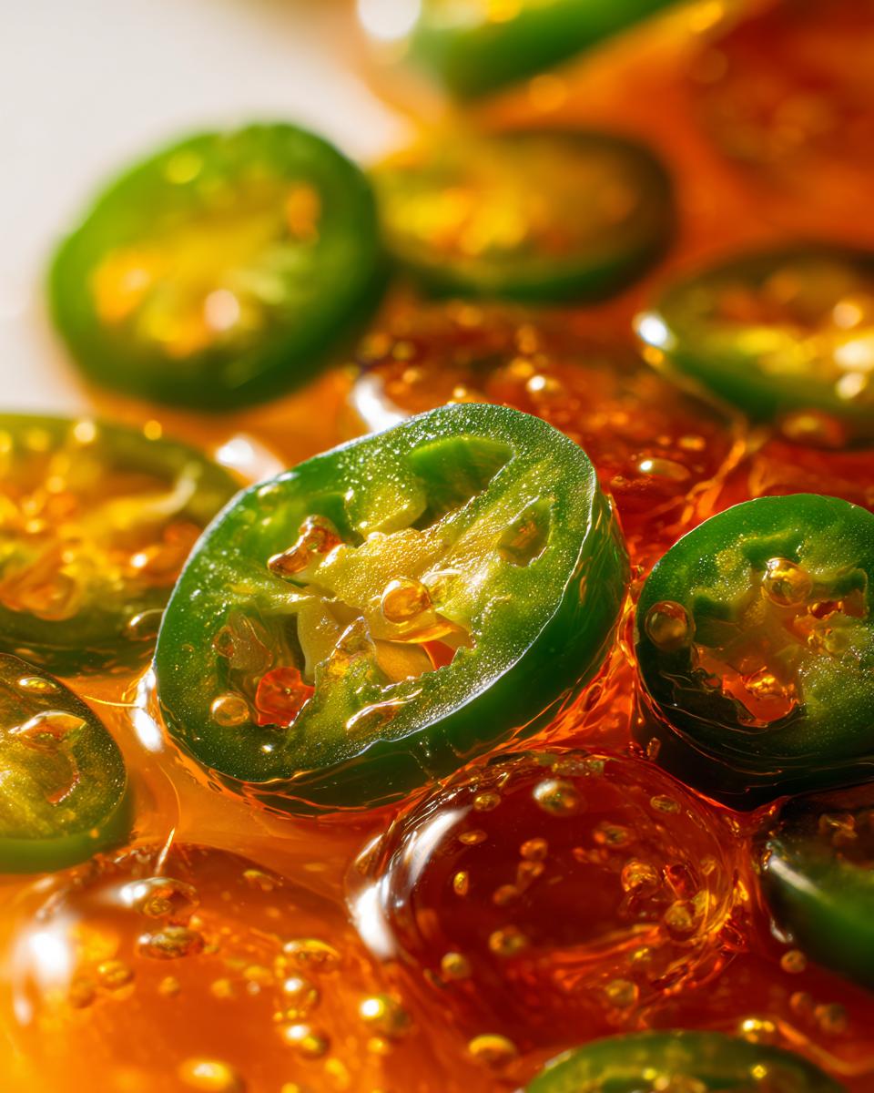 Close-up shot of vibrant green candied jalapenos submerged in a glistening, amber-colored syrup.