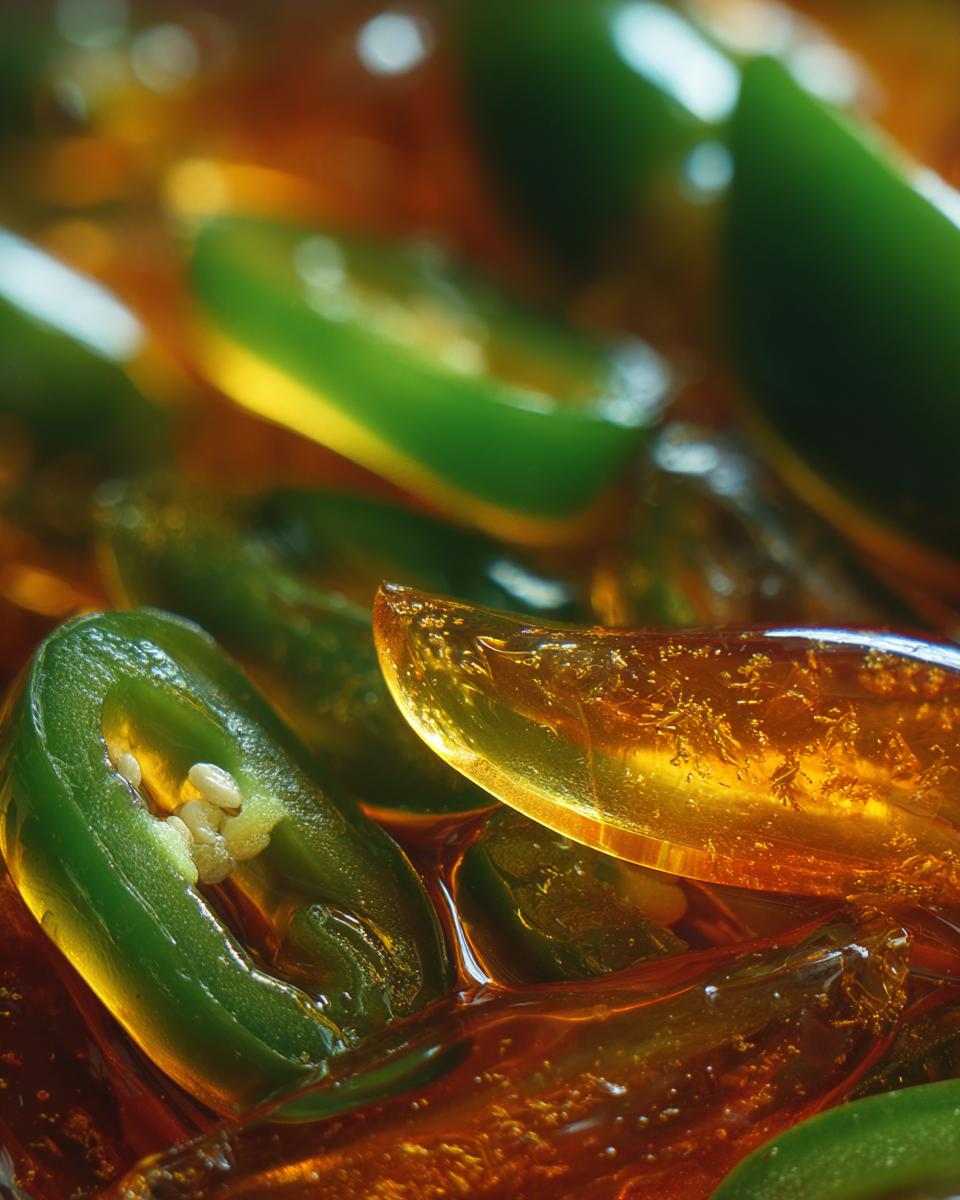 Close-up shot of bright green candied jalapenos submerged in a glistening amber syrup.