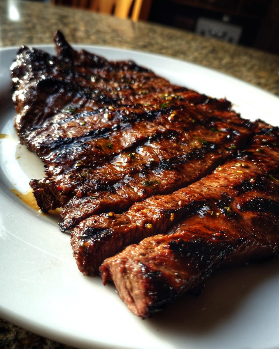 Close-up of perfectly grilled carne asada steak slices, glistening with marinade and grill marks.