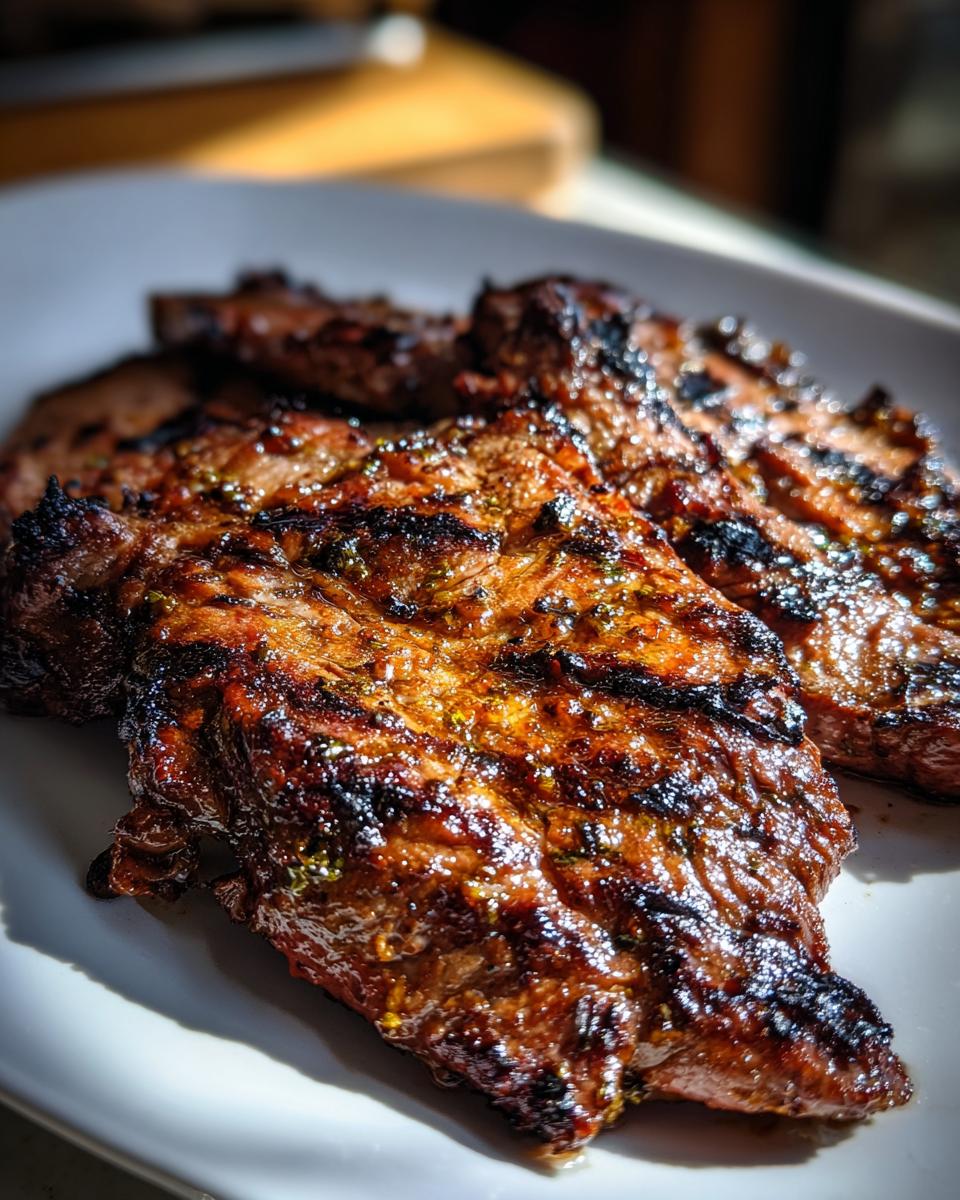 Close-up of grilled steak with visible grill marks, glistening from a flavorful carne asada marinade.