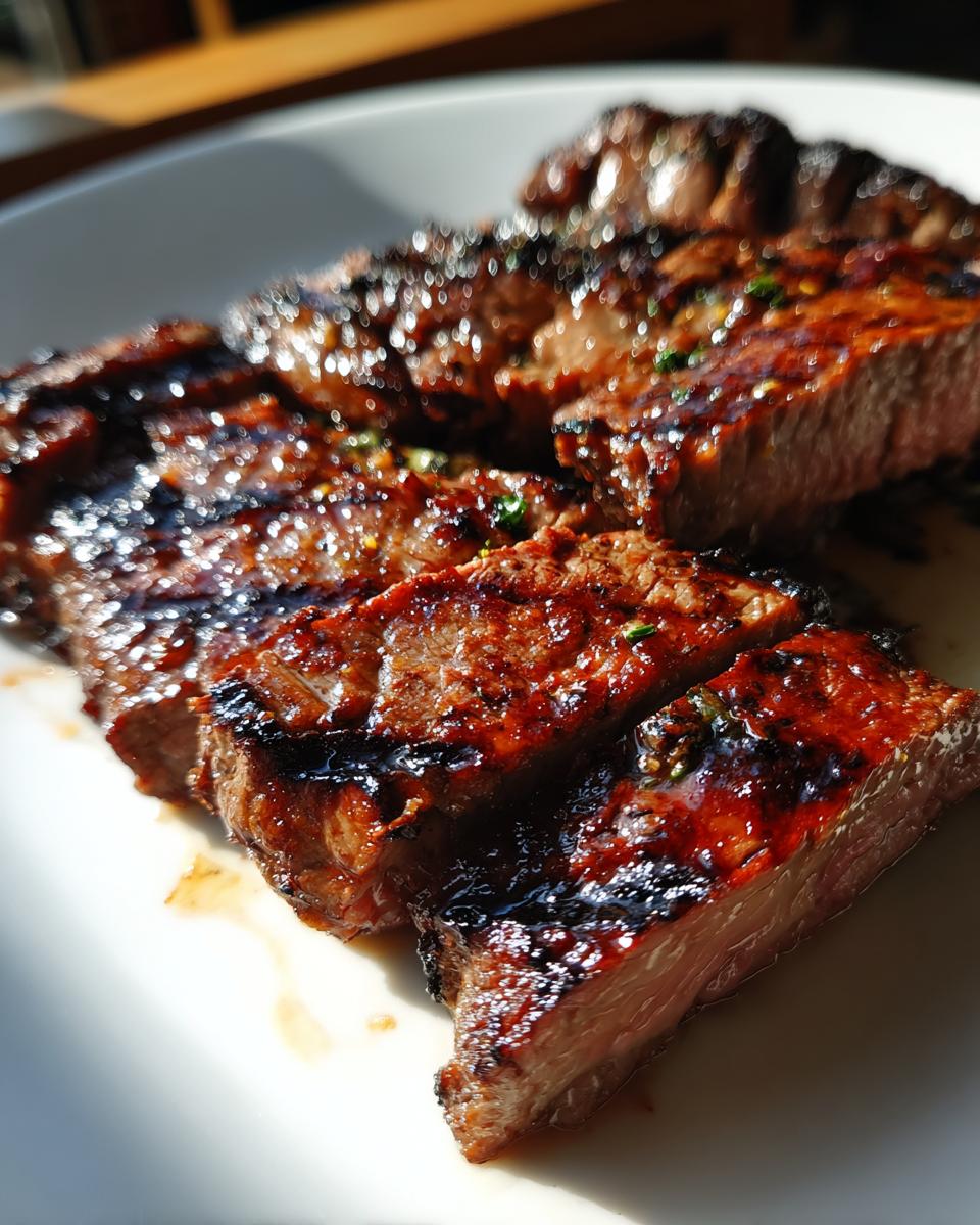 Close-up of perfectly grilled steak slices, showcasing the rich color and char from the carne asada marinade.