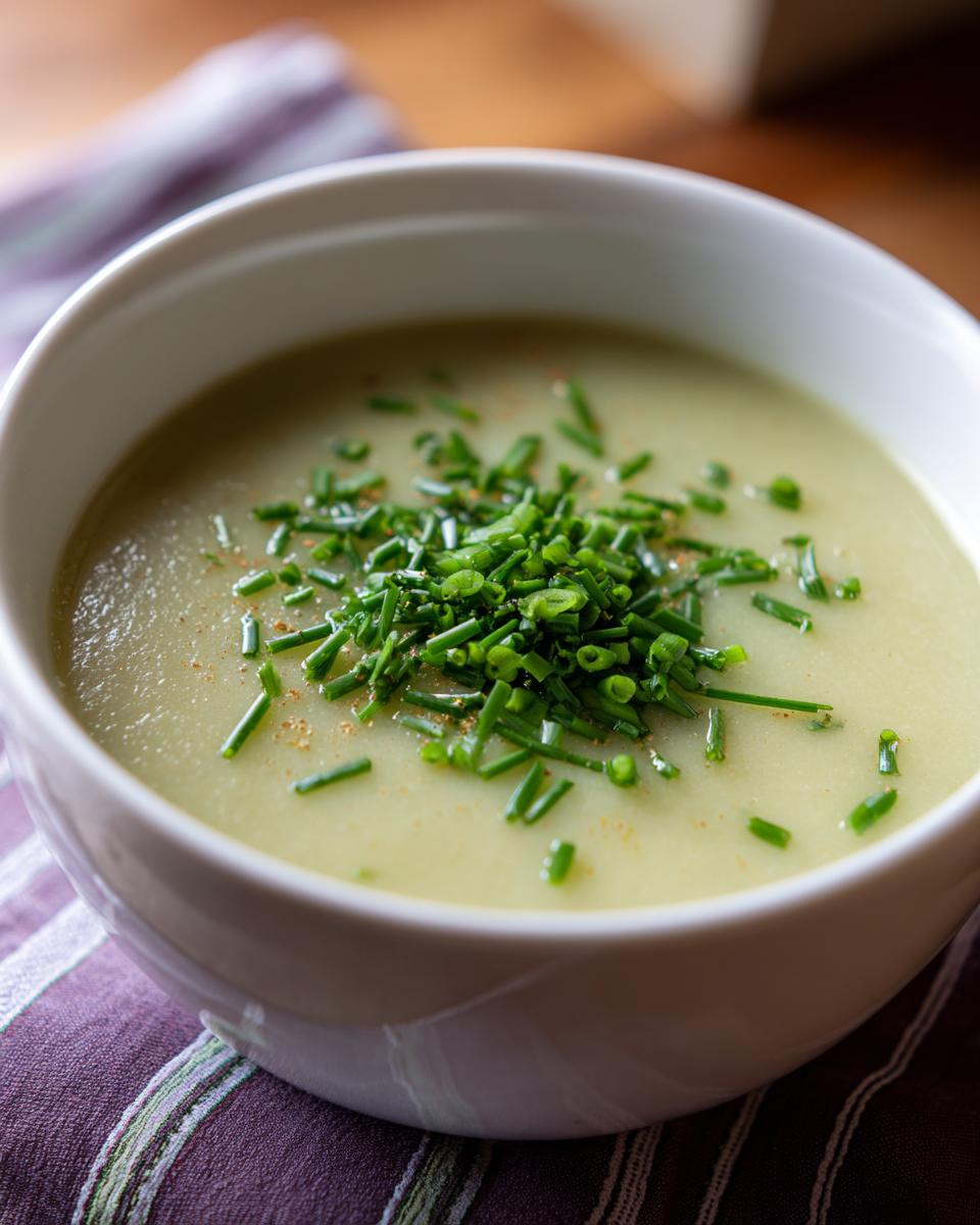Close-up of a bowl of creamy soup topped with fresh chives, perfect for serving with carrot banana muffins.