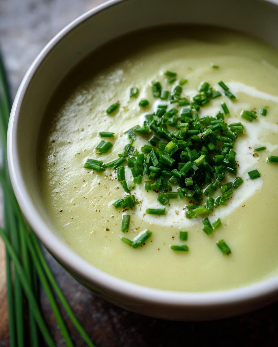 Close-up of a bowl of creamy soup topped with chives and a swirl of cream, perfect for carrot banana muffins.