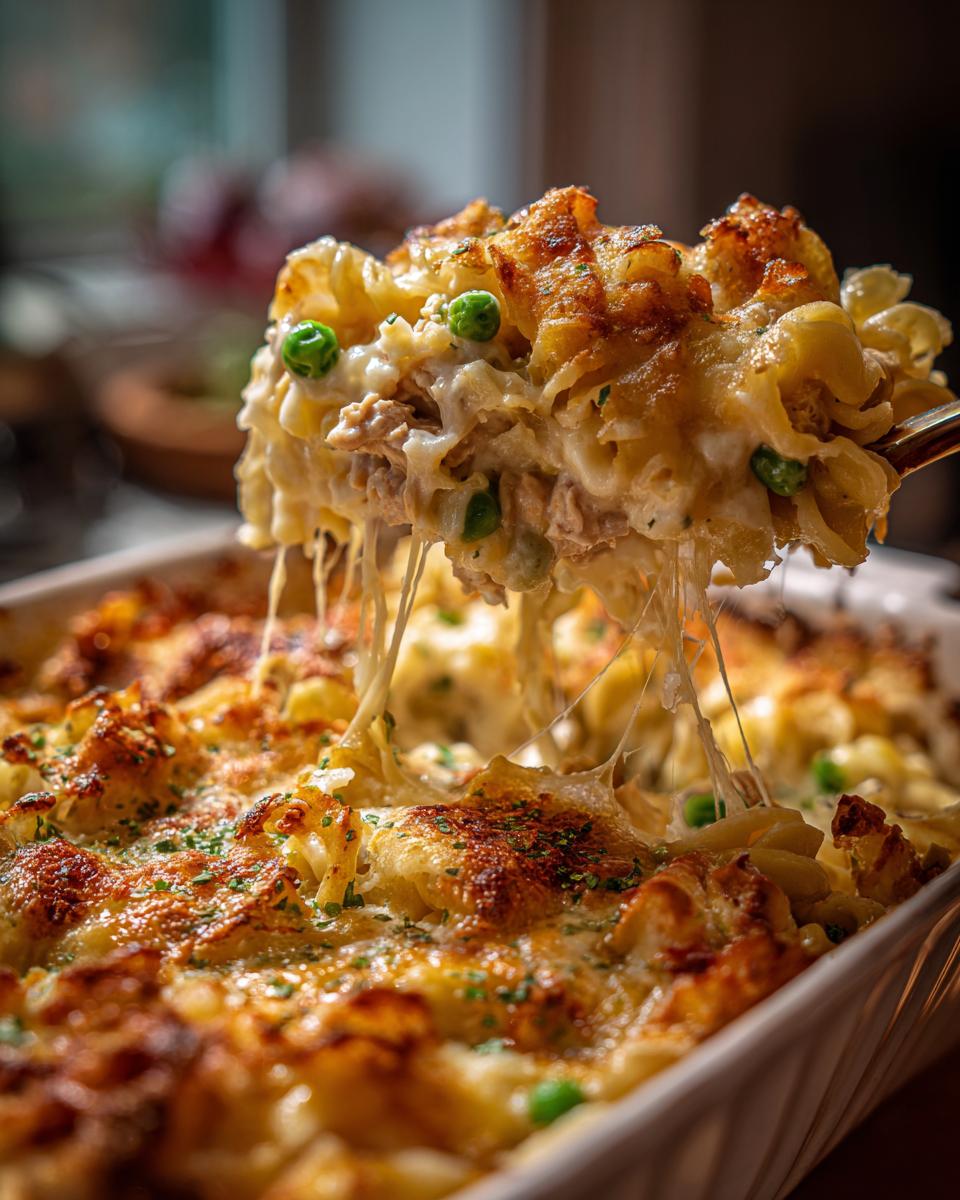 A serving spoon lifts a cheesy portion of tuna casserole with pasta and peas, showing melted cheese strings.