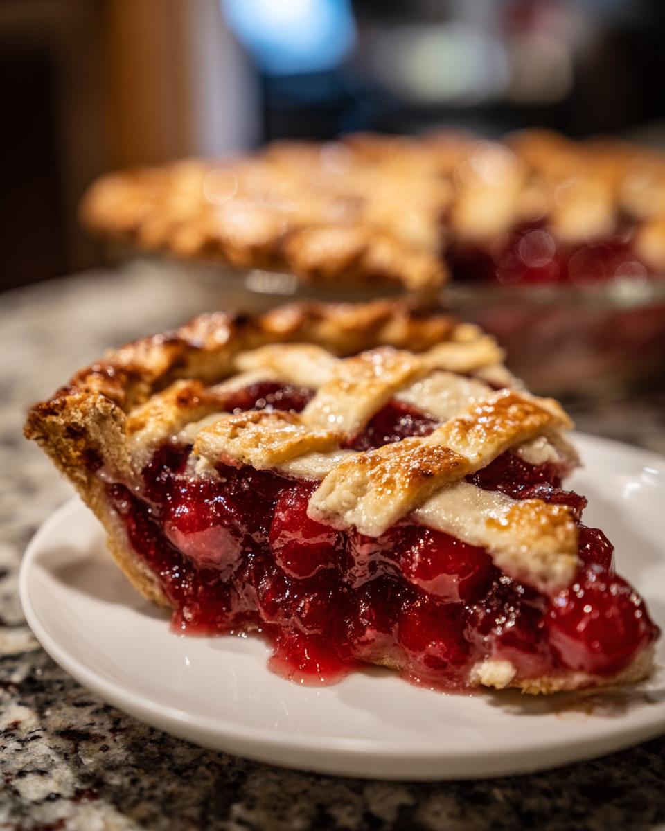 A close-up of a perfect slice of homemade cherry pie, showcasing a flaky lattice crust and juicy cherry filling.