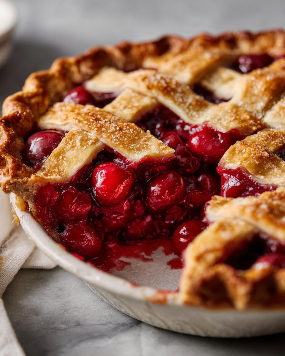 Close-up of a delicious cherry pie slice with a golden lattice crust and juicy cherry filling.