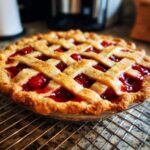 A close-up of a freshly baked cherry pie with a golden lattice crust, showcasing the vibrant red cherry filling.