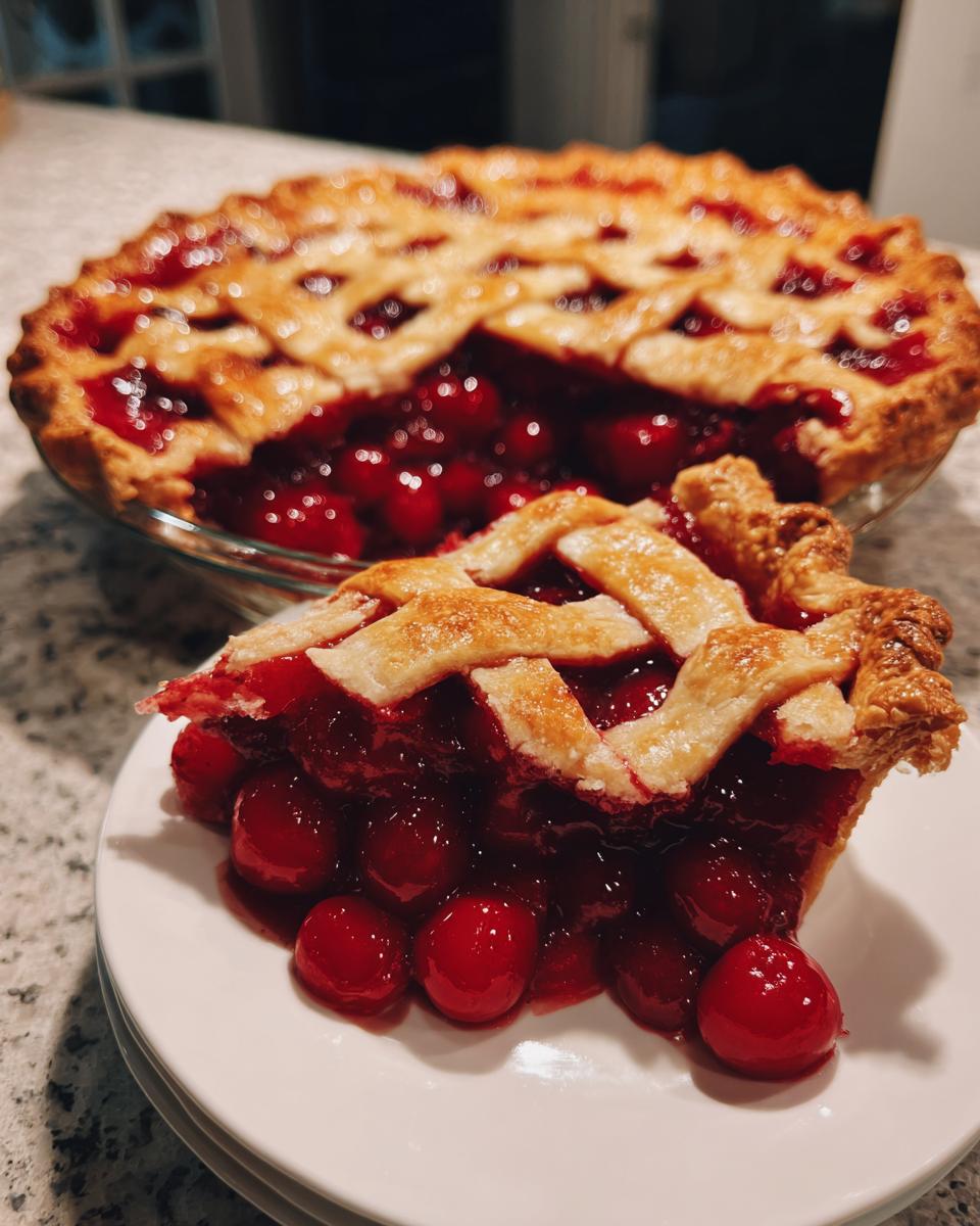 A perfect slice of homemade cherry pie with a golden lattice crust, showcasing juicy red cherries.