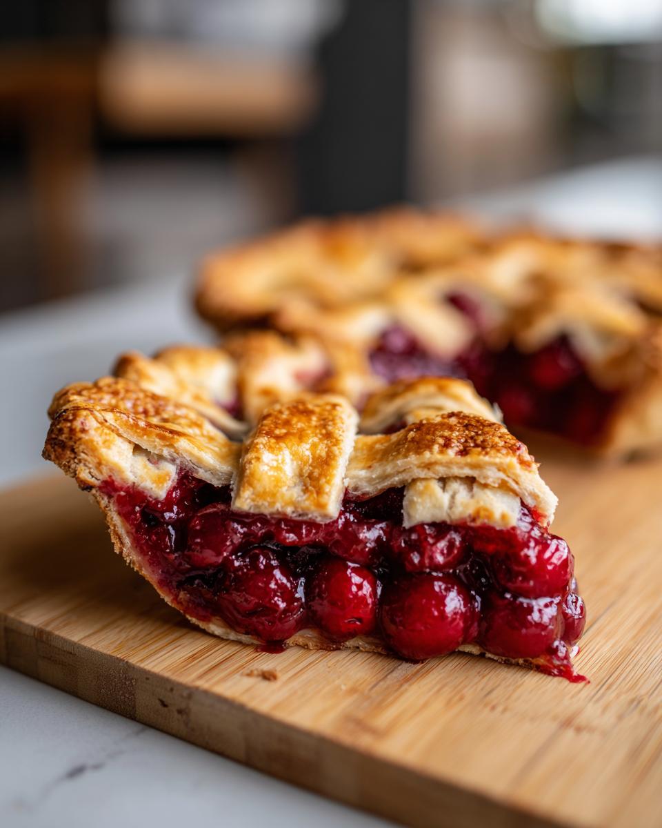 A close-up of a perfect slice of cherry pie with a golden lattice crust, showcasing juicy cherries.