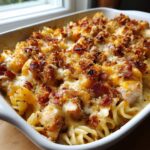A close-up of a bubbly chicken bacon ranch casserole in a white baking dish, topped with crispy bacon and breadcrumbs.