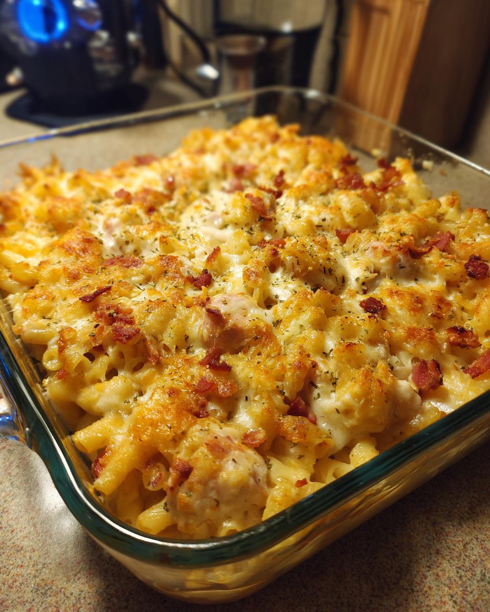 A close-up of a freshly baked Chicken Bacon Ranch Casserole in a glass baking dish, topped with melted cheese and crispy bacon bits.