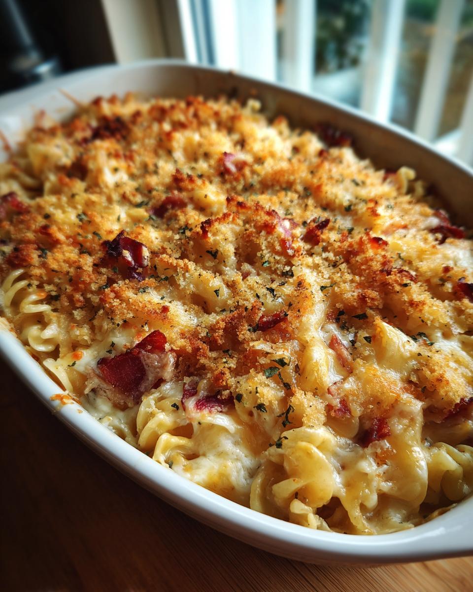 A close-up of a baked Chicken Bacon Ranch Casserole in a white dish, featuring pasta, melted cheese, bacon pieces, and a golden breadcrumb topping.