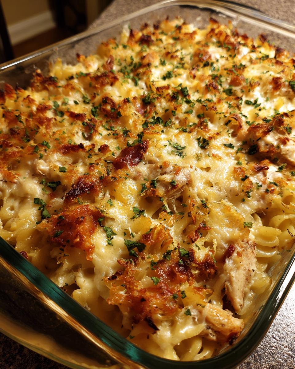 Close-up of a golden brown chicken bacon ranch casserole topped with melted cheese and parsley.
