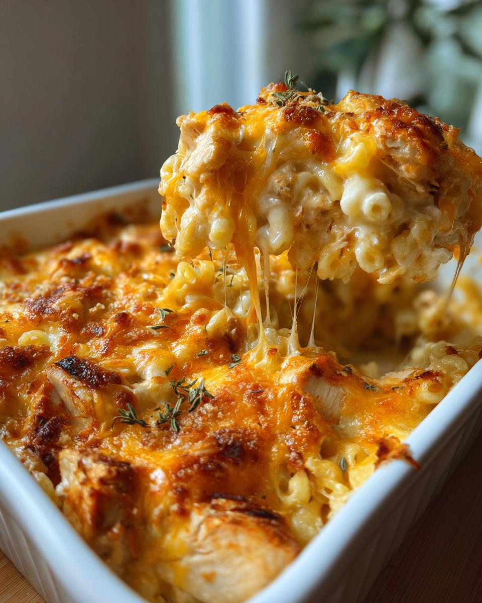 A scoop of cheesy chicken bacon ranch casserole with melted cheese strings, showing pasta, chicken, and herbs.