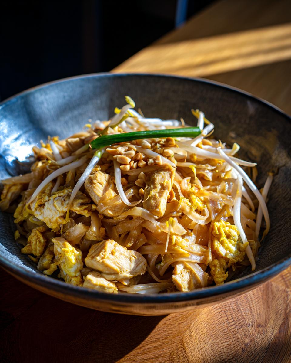 A close-up of a bowl of Chicken Pad Thai, featuring noodles, chicken, scrambled egg, bean sprouts, and peanuts.
