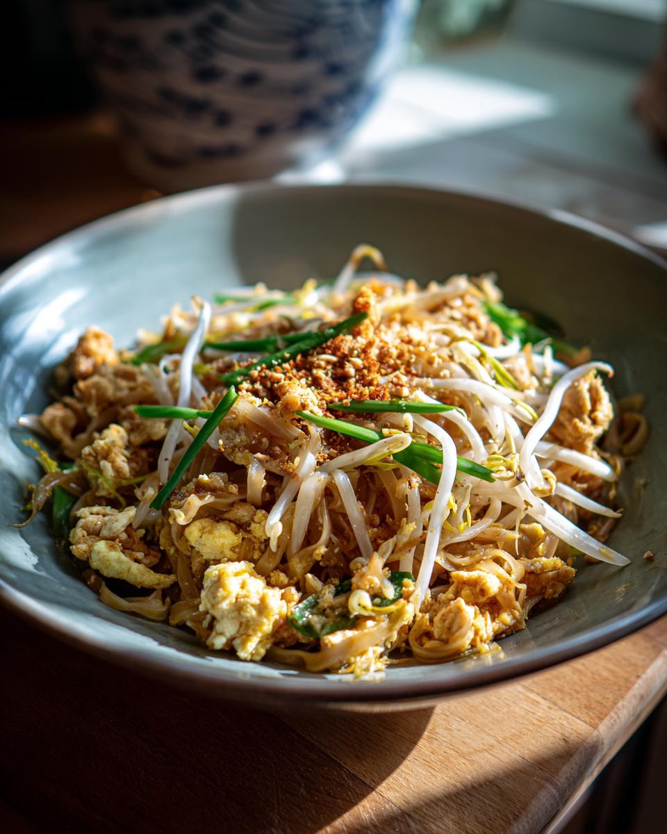 A close-up of a bowl of Chicken Pad Thai, featuring noodles, scrambled egg, bean sprouts, and chopped peanuts.
