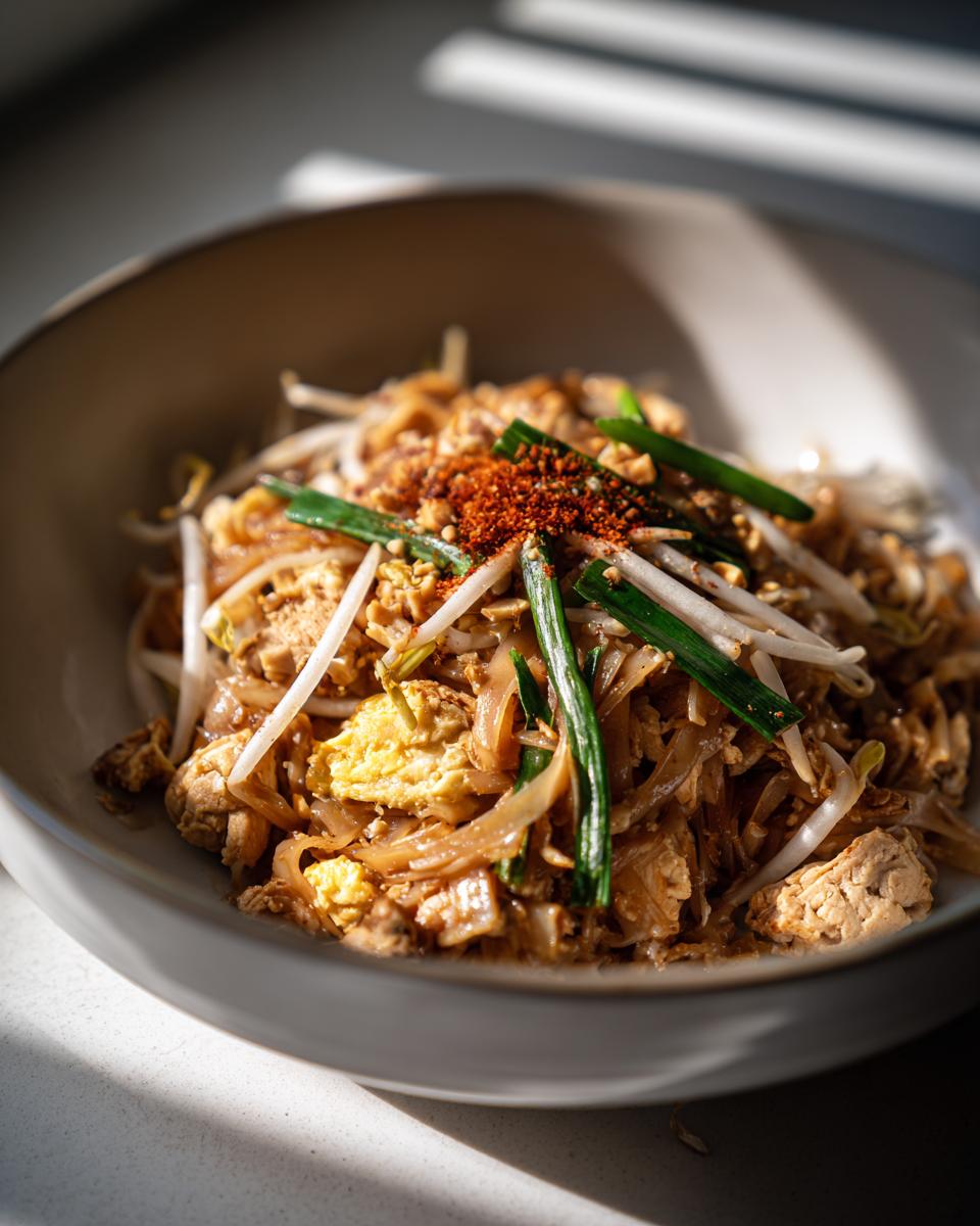 A close-up of a bowl of Chicken Pad Thai, featuring noodles, scrambled egg, bean sprouts, and green onions.