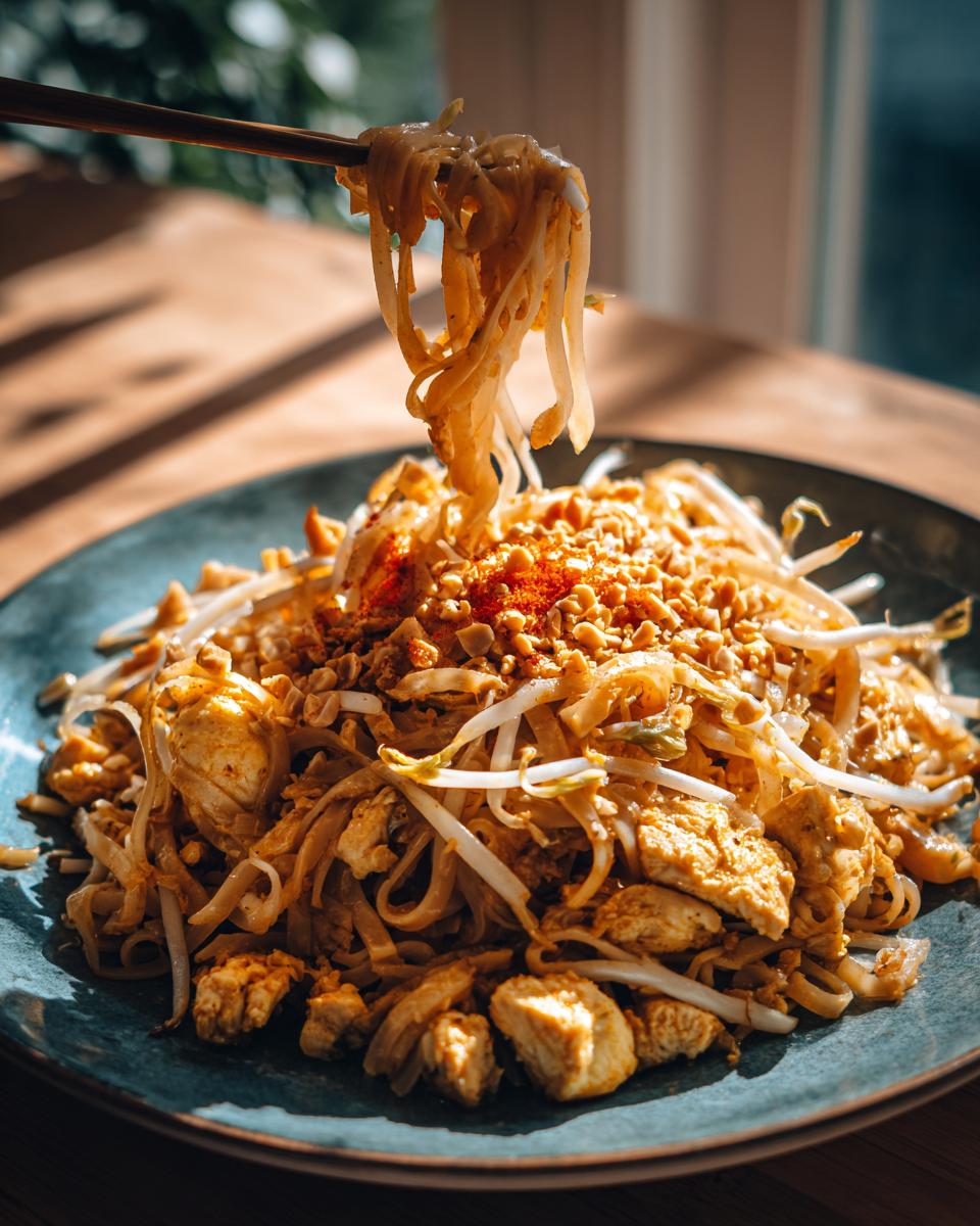 A close-up of Chicken Pad Thai being lifted with chopsticks, showing noodles, chicken pieces, bean sprouts, and crushed peanuts.
