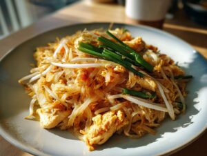 A close-up of a plate of Chicken Pad Thai, featuring noodles, chicken, scrambled egg, bean sprouts, and green onions.