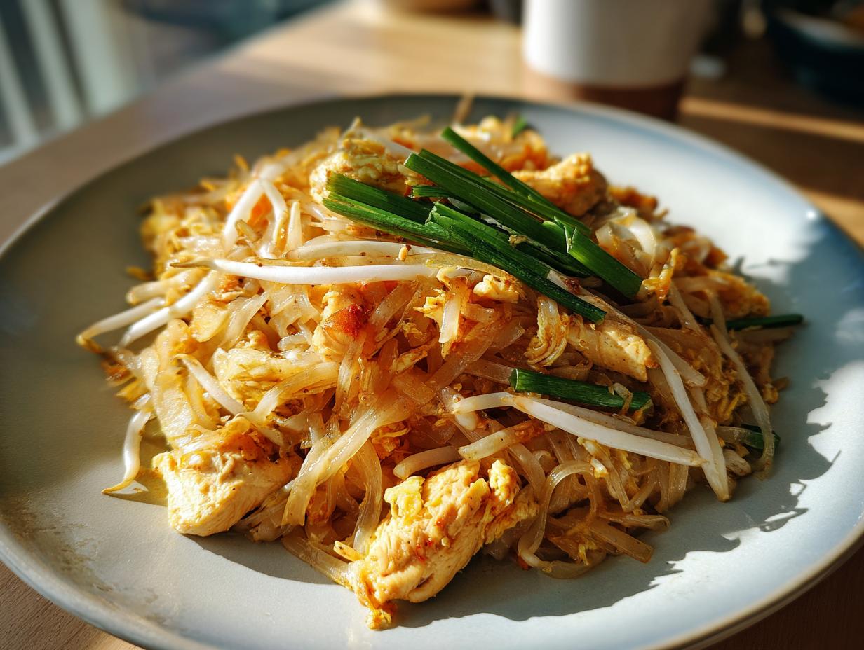 A close-up of a plate of Chicken Pad Thai, featuring noodles, chicken, scrambled egg, bean sprouts, and green onions.
