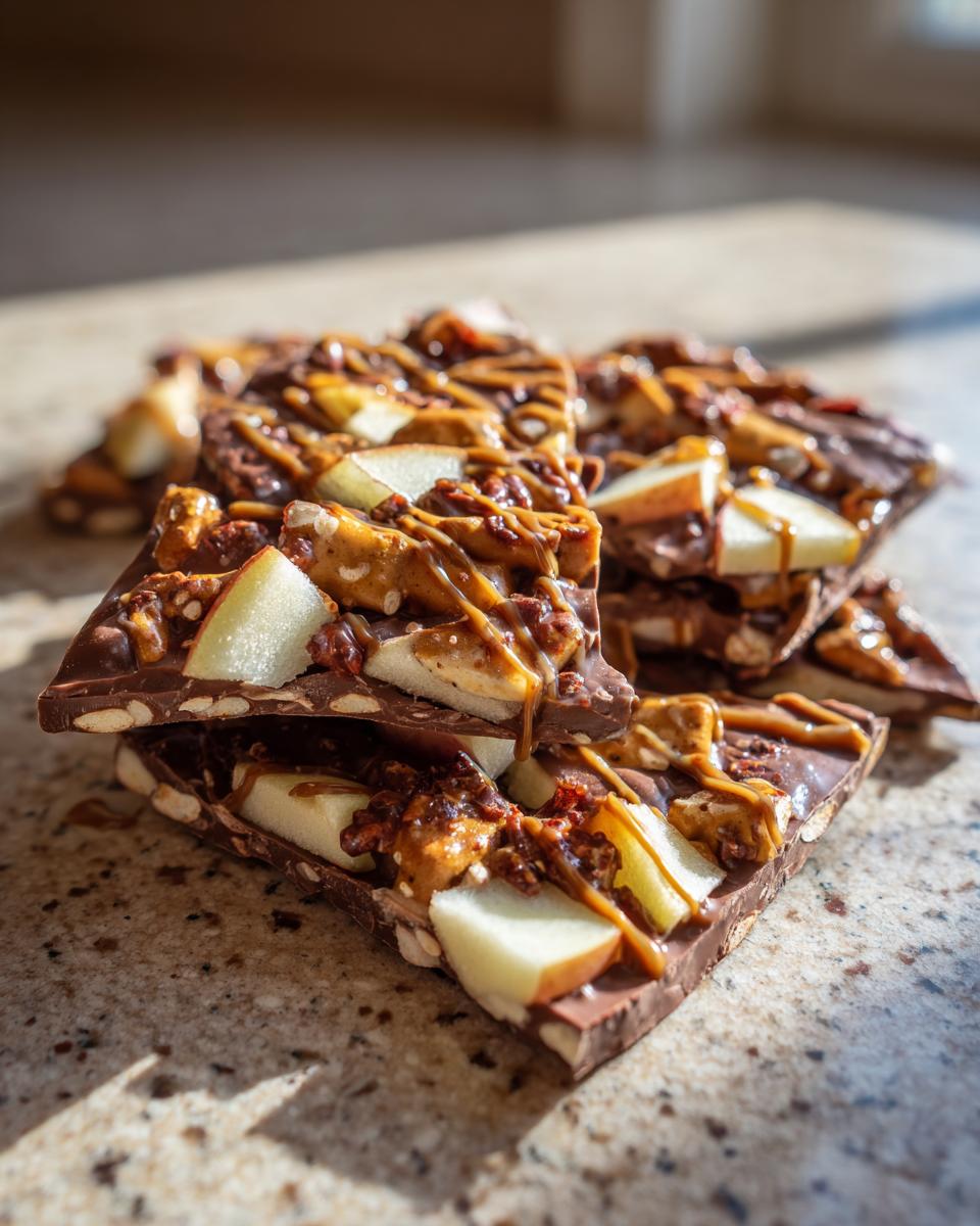 A close-up of chocolate bark topped with apple chunks, pretzels, and a caramel drizzle.