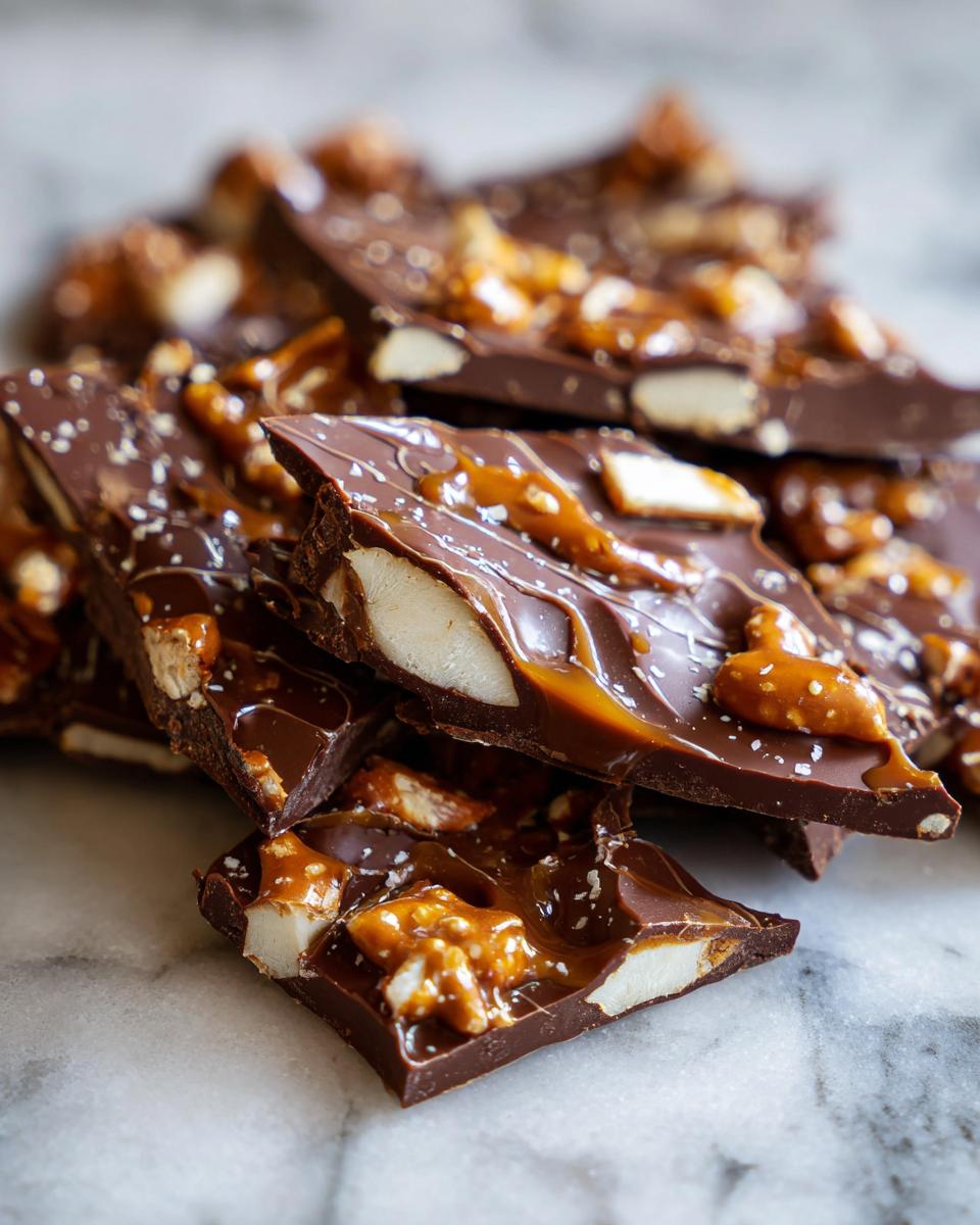 Close-up of broken pieces of dark chocolate bark topped with nuts, caramel drizzle, and sea salt.