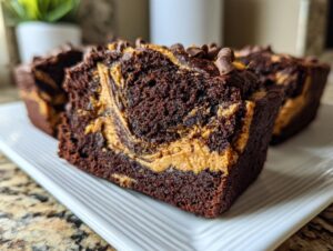 A slice of rich chocolate protein mug cake swirled with peanut butter and topped with chocolate chips.