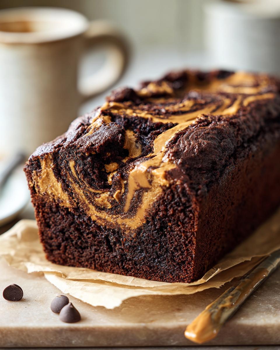 A close-up of a chocolate protein mug cake swirled with peanut butter, with chocolate chips and a mug in the background.