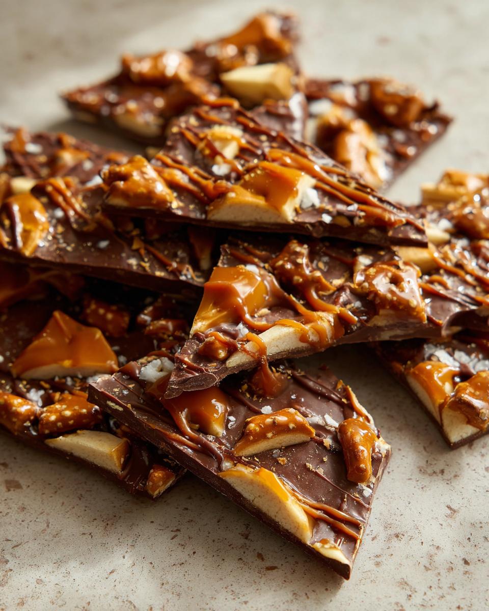 Close-up of broken pieces of chocolate pretzel caramel bark, drizzled with caramel and sprinkled with sea salt.