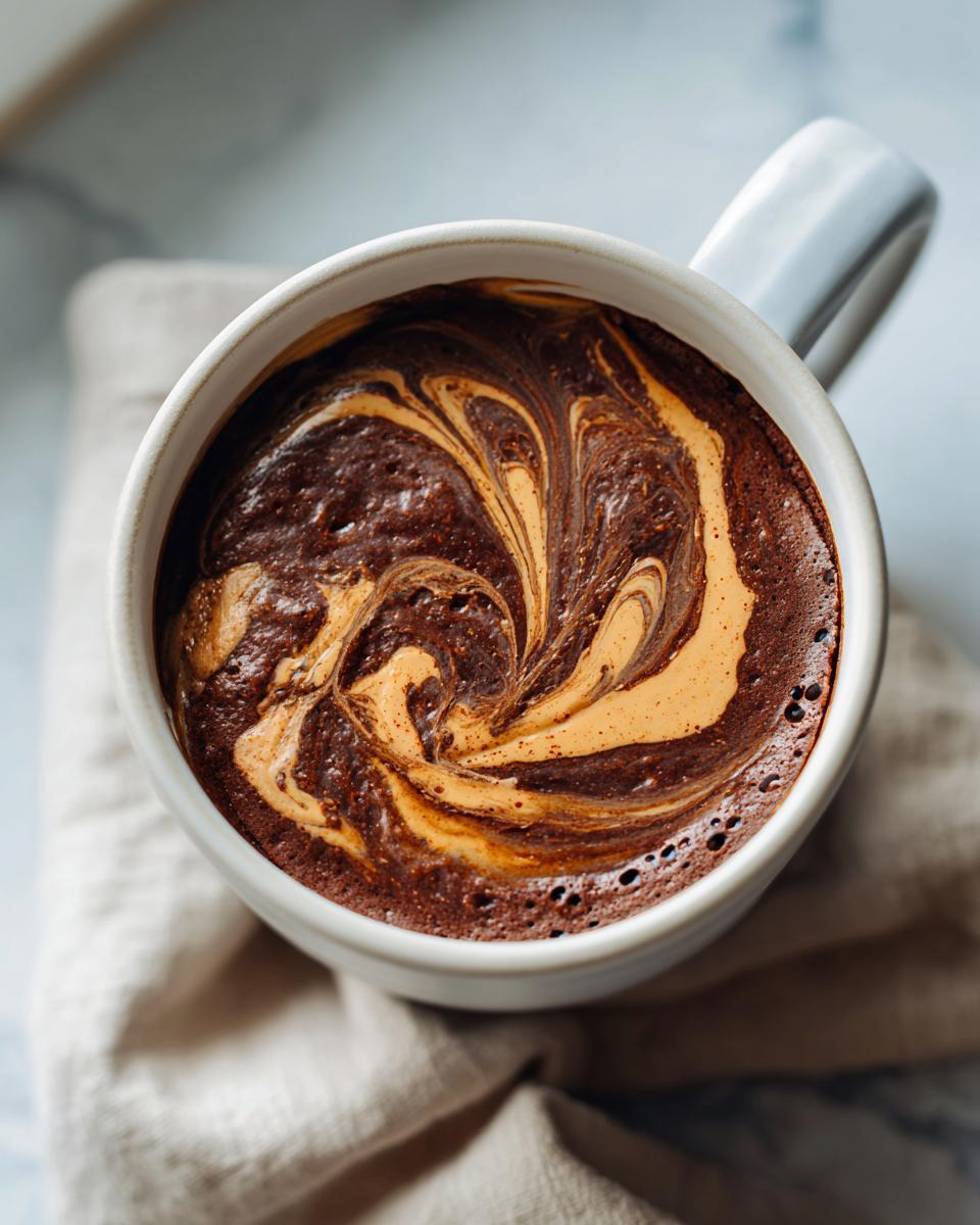 Overhead view of a rich chocolate protein mug cake with swirls of peanut butter, served in a white mug.