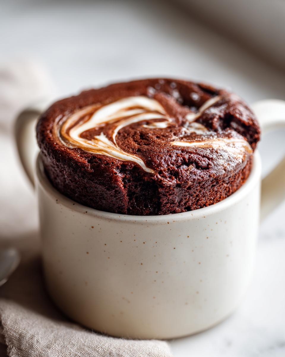 Close-up of a rich chocolate protein mug cake with a white swirl topping in a speckled mug.