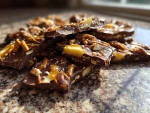 Close-up of chocolate bark with pretzels, caramel, and nuts, a sweet tamale pie casserole alternative.