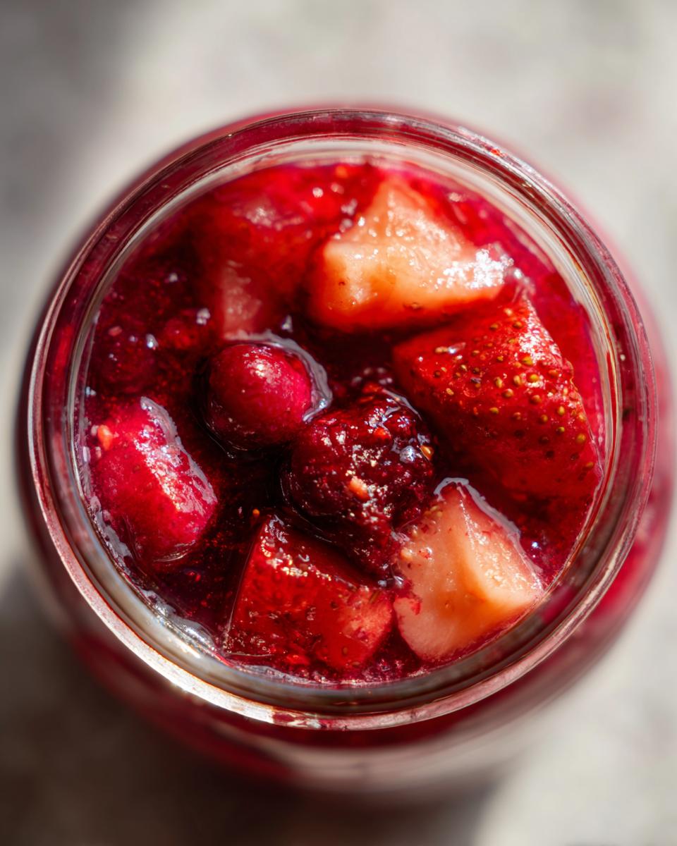 Top-down view of a glass jar filled with vibrant Christmas jam, featuring strawberries, cranberries, and other berries.